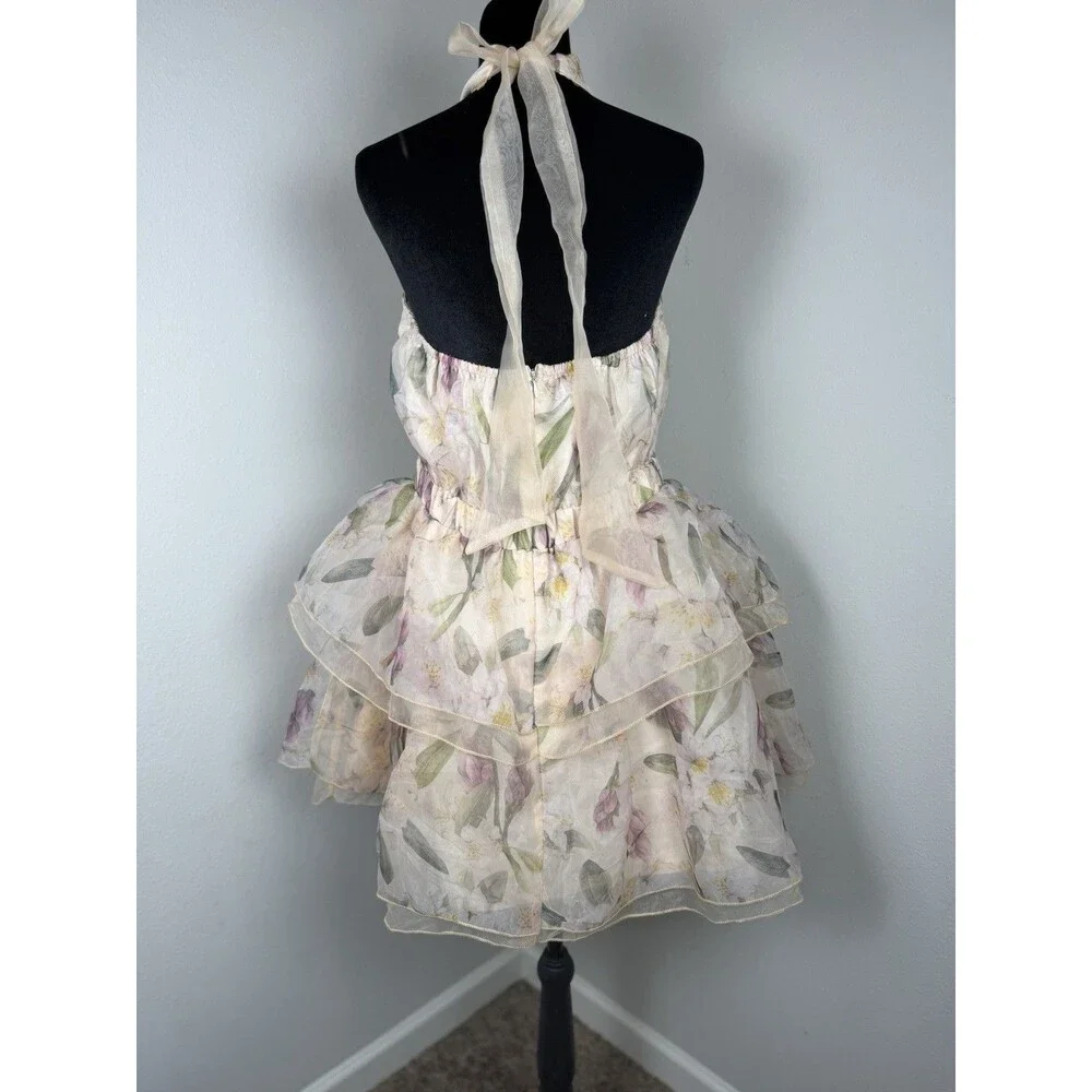 Arose Studio Danna Floral Print Halter Mini Dress Tiered Ruffle Size Large - Picture 9 of 16